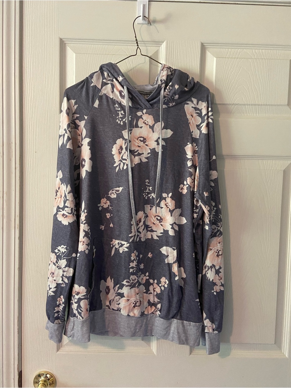 Floral Cowl Hoodie Sweater - Gray with Blush Flowers